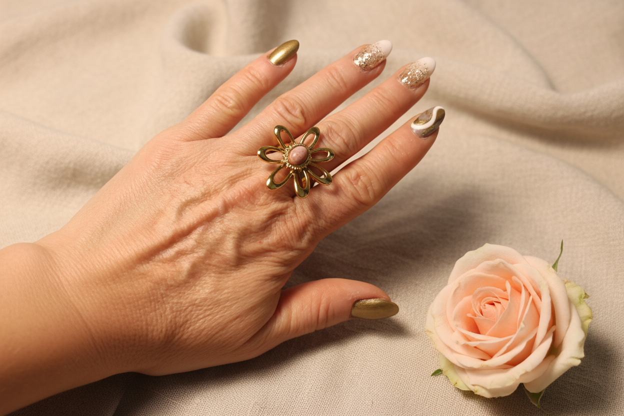 Femme portant Bague Ajustable Fleur Pierre Rose Acier Inoxydable - Rêve de Rose