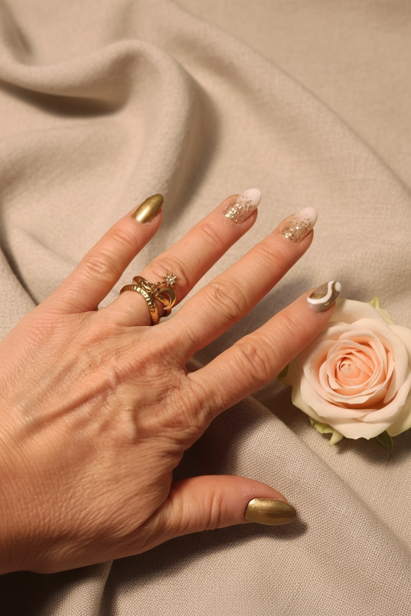 Femme portant Bague Ajustable Doré Lune & Étoile Scintillante - Rêve de Rose
