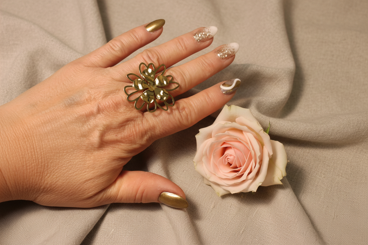 Femme portant Bague ajustable grosse fleur en acier inoxydable - Rêve de Rose