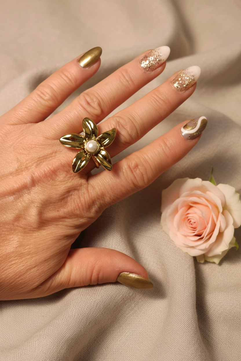 Femme portant Bague Ajustable Dorée Fleur Perle de Culture Blanche - Rêve de Rose