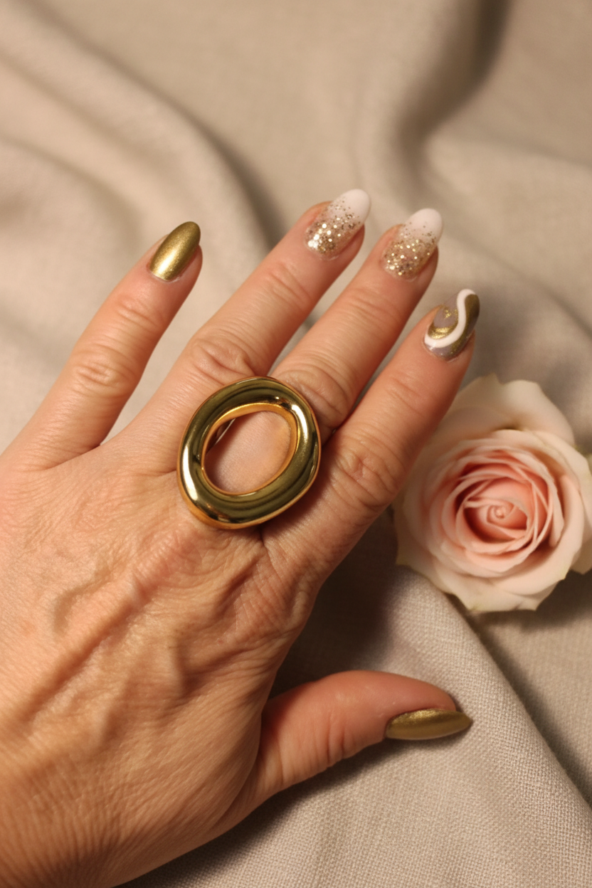 Femme portant Bague Ajustable Dorée Forme O Acier Inoxydable - Rêve de Rose