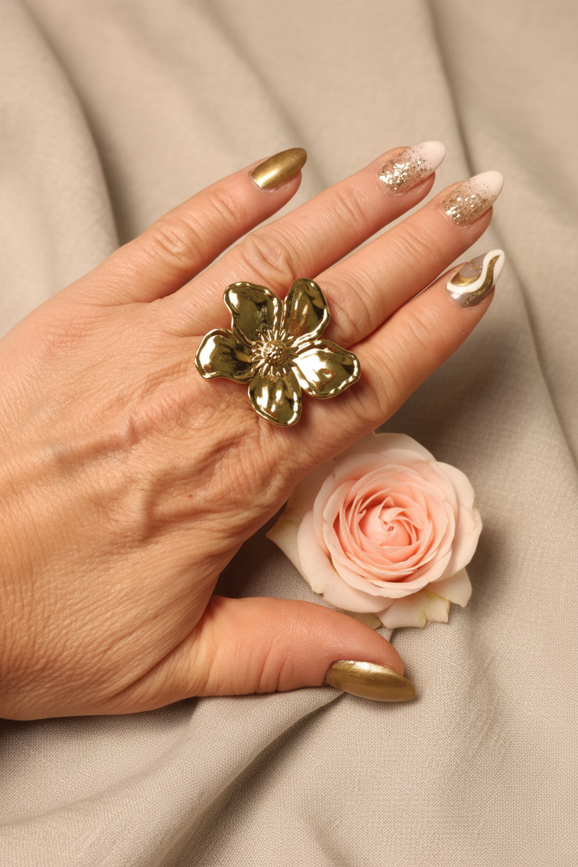 Femme portant Bague Ajustable Dorée Fleur Acier Inoxydable - Rêve de Rose