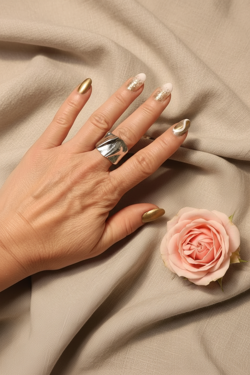 Bague Large Ajustable Argentée Plissée Acier Inoxydable - Rêve de Rose
