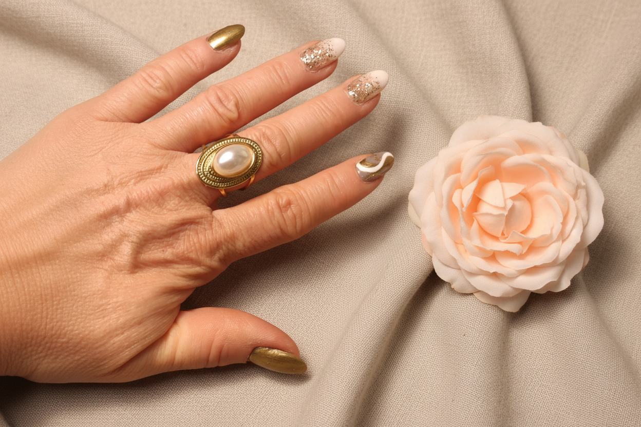 Femme portant Bague Ovale Ajustable Pierre Blanche - Acier Inoxydable Doré - Rêve de Rose