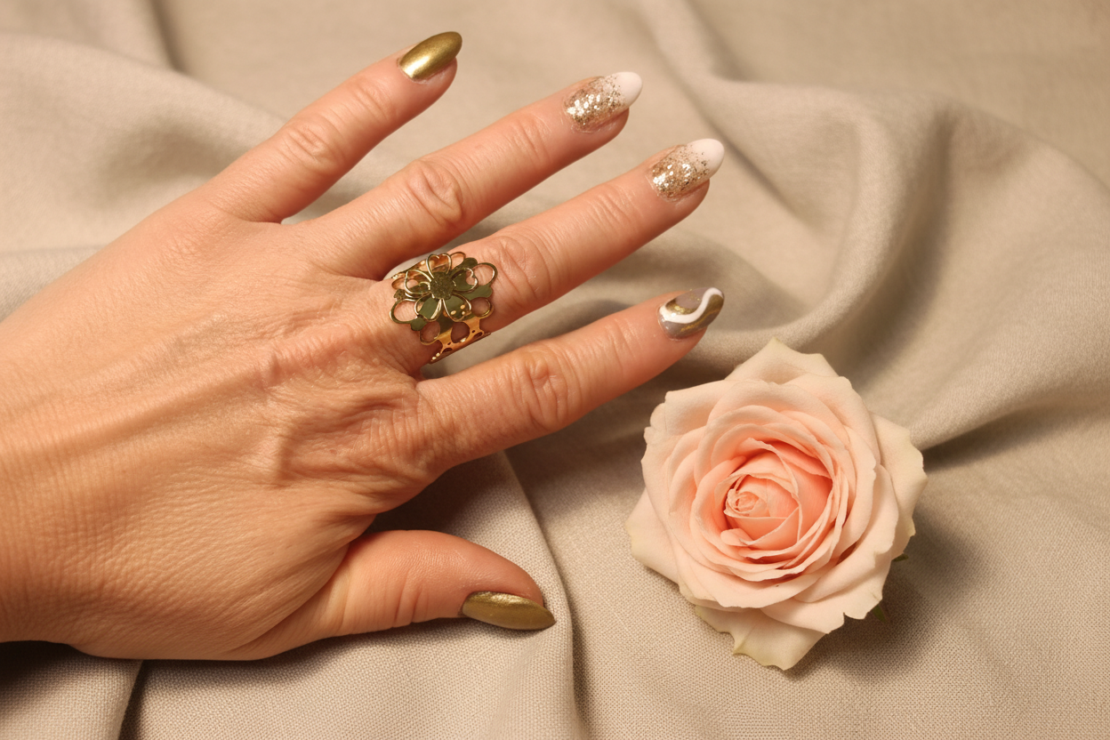 Femme portant Bague Ajustable Dorée Fleur Travaillée Relief Acier Inoxydable - Rêve de Rose