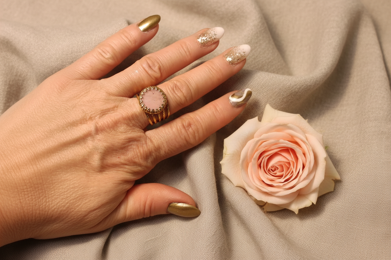 Femme portant Bague Dorée Pierre Naturelle Bleue Rose Acier Inoxydable - Rêve de Rose