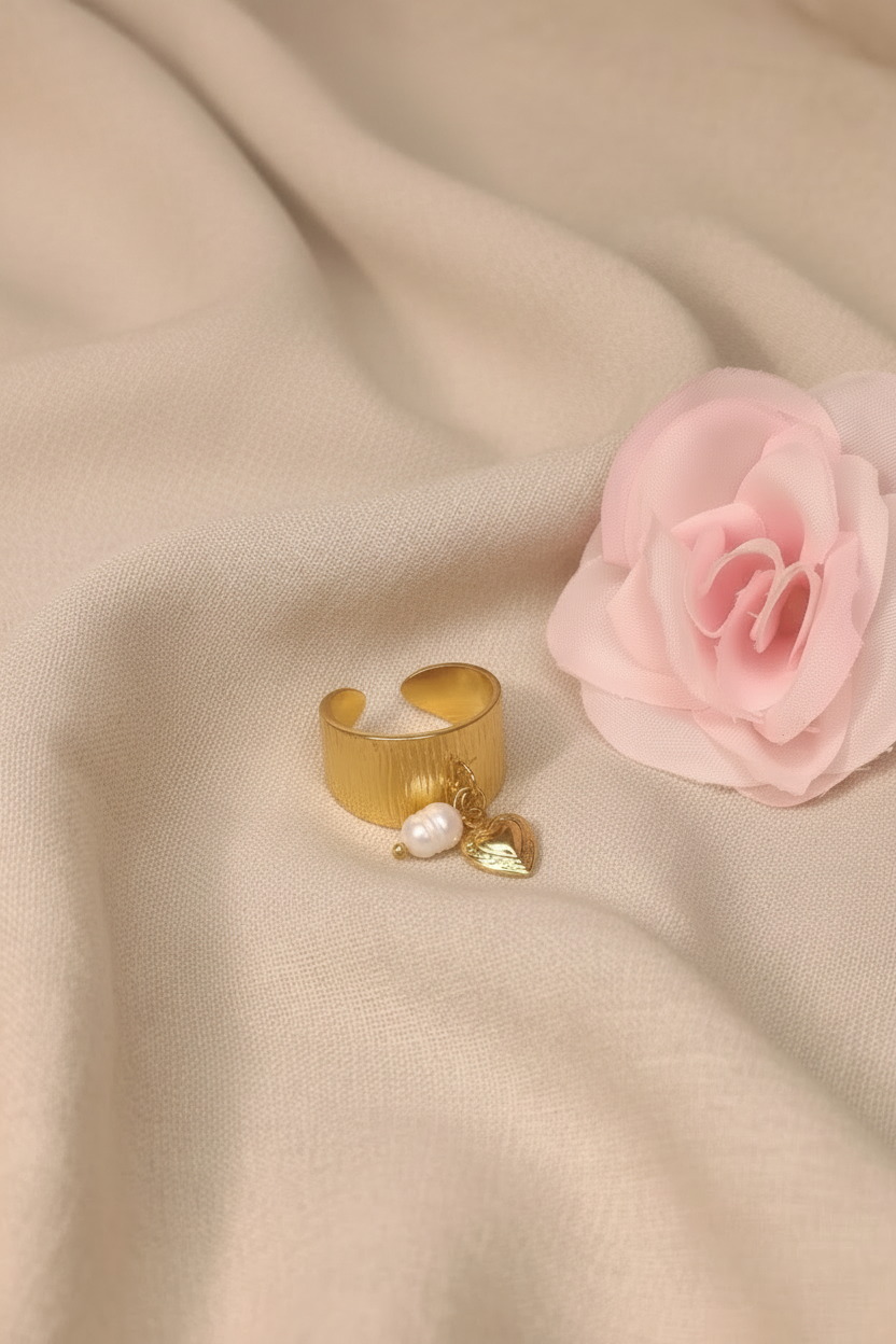 Bague Large Ajustable Charms Cœur et Perle Blanche - Rêve de Rose