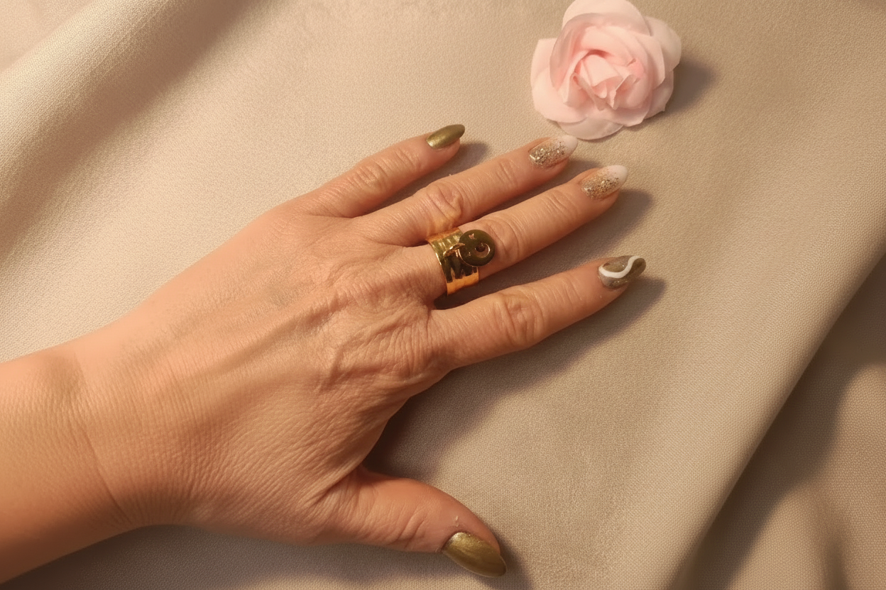 Femme portant Bague Large Ajustable Charm Lune et Étoiles - Rêve de Rose