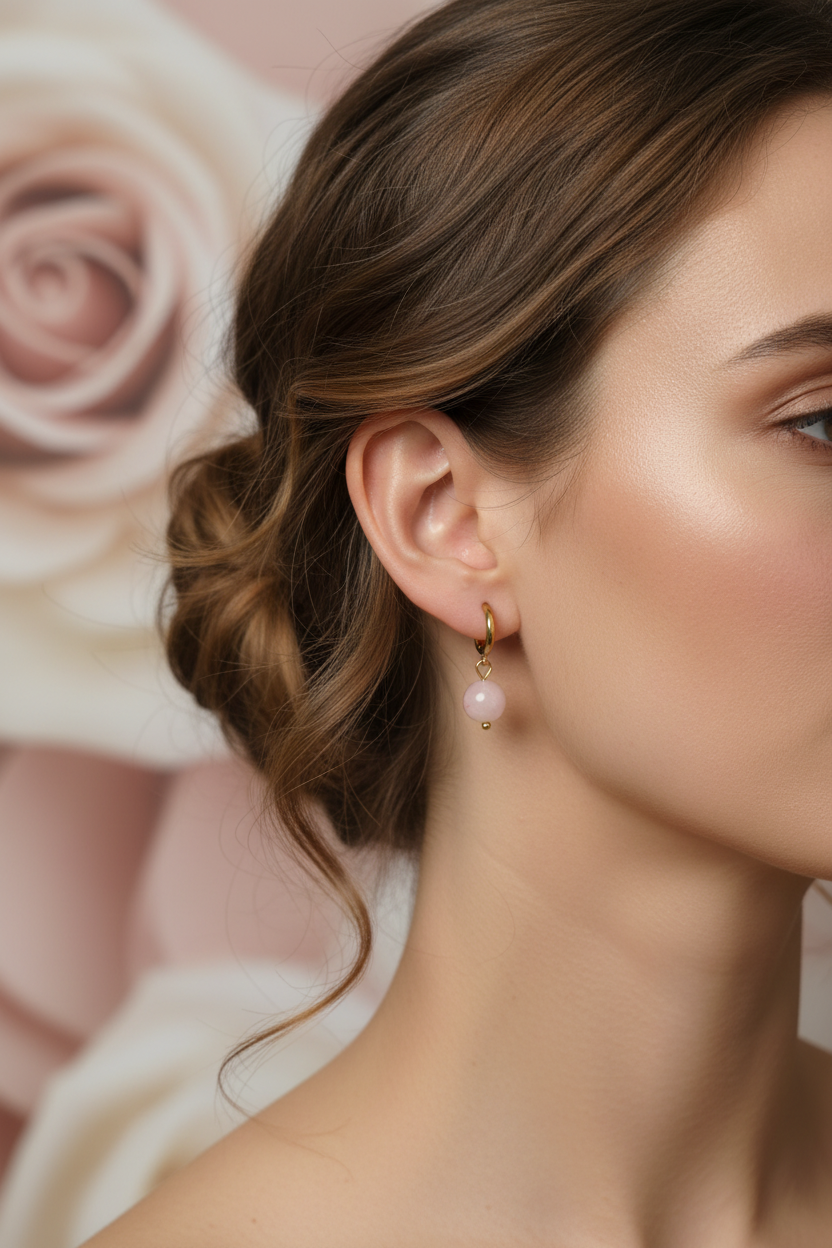 Boucles d'Oreilles Anneaux Dorés Perle Rose Pastel - Rêve de Rose