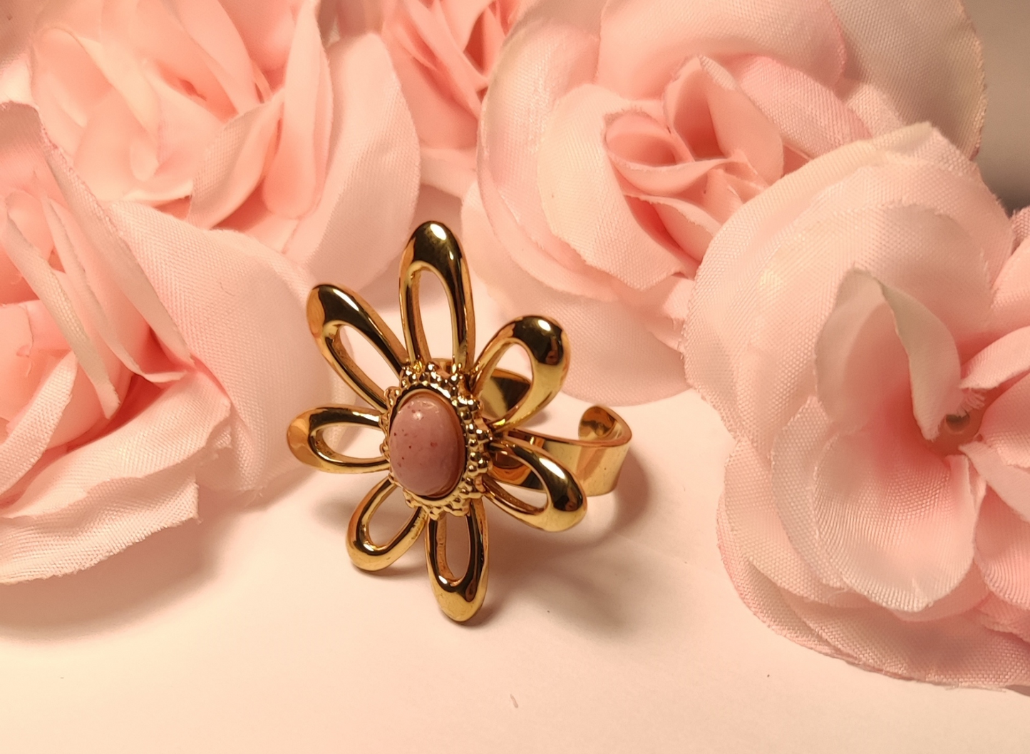 Bague Ajustable Fleur Pierre Rose Acier Inoxydable - Rêve de Rose