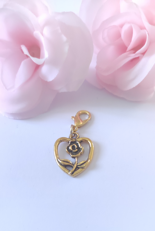 Charm cœur et rose avec fermoir