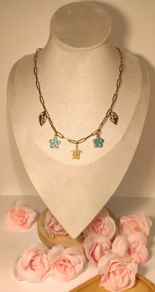 Collier Doré Tortue et Fleurs Turquoise - Rêve de Rose