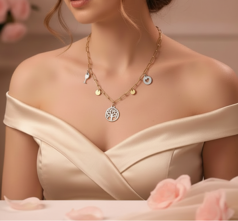 Femme portant un collier chaîne doré avec 5 charms doré et blanc dont un arbre de vie - Rêve de Rose