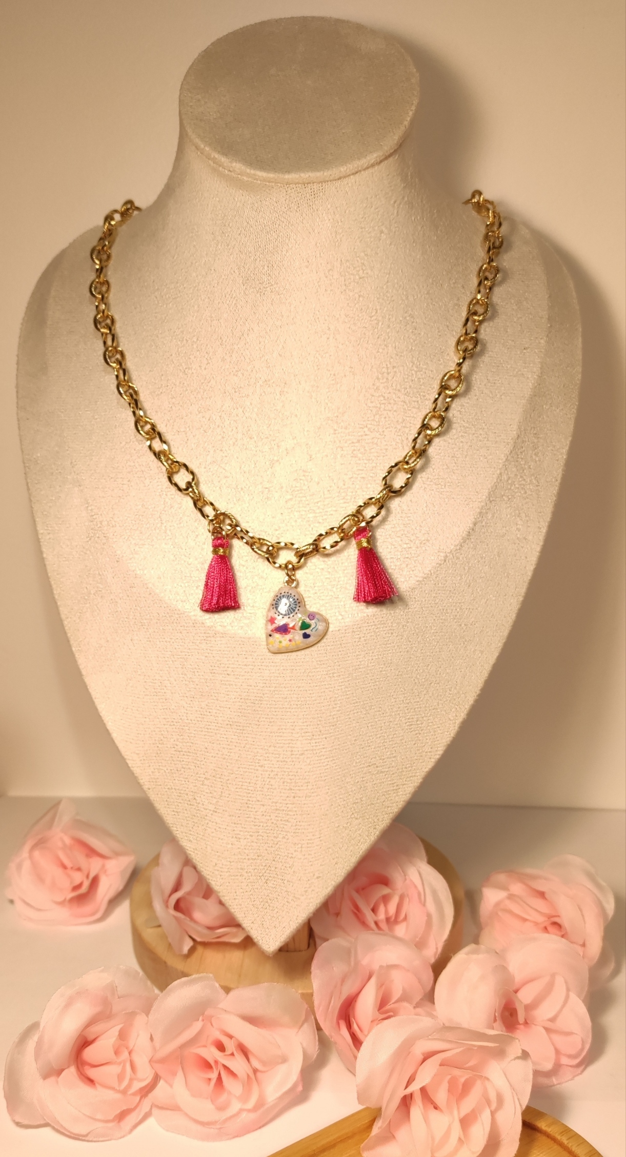 Collier Doré Cœur Coloré et Pompoms Fushia - Rêve de Rose