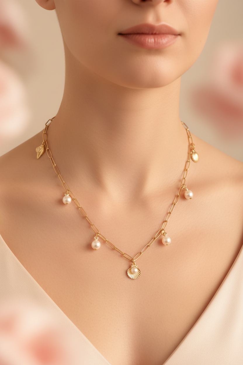 Femme portant un collier chaîne doré avec des charms coquillages dorés et des perles blanches - Rêve de Rose