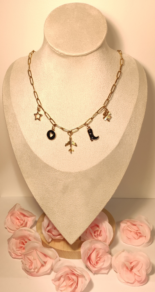 Collier Doré 5 Charms Voyage Avion Cœur Étoile - Rêve de Rose
