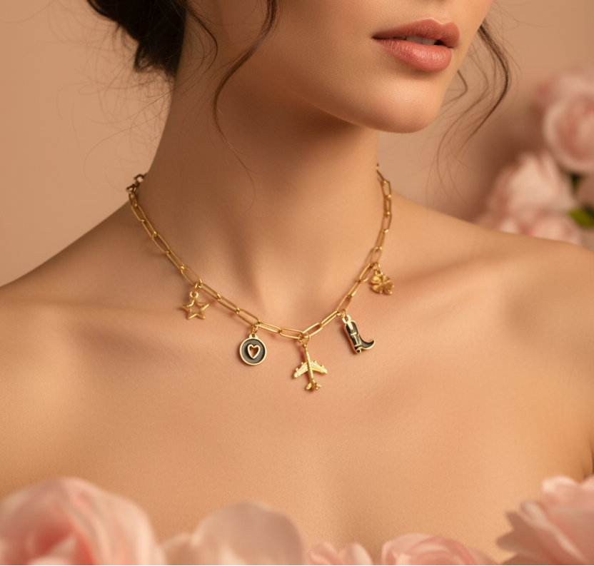Femme portant un collier chaîne avec 5 charms voyage noirs et dorés - Rêve de Rose