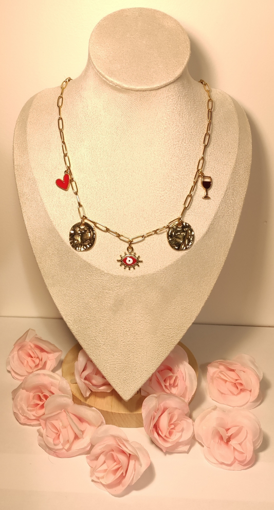 Collier Doré 5 Charms Dorés et Rouges - Rêve de Rose