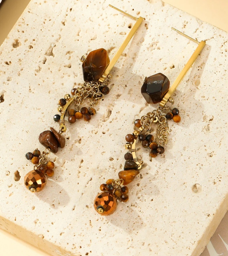 Boucles d'Oreilles Pendantes Pierres Œil de Tigre - Rêve de Rose