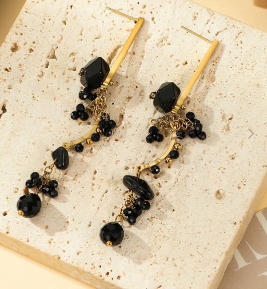 Boucles d'Oreilles Pendantes Pierres Noires - Rêve de Rose