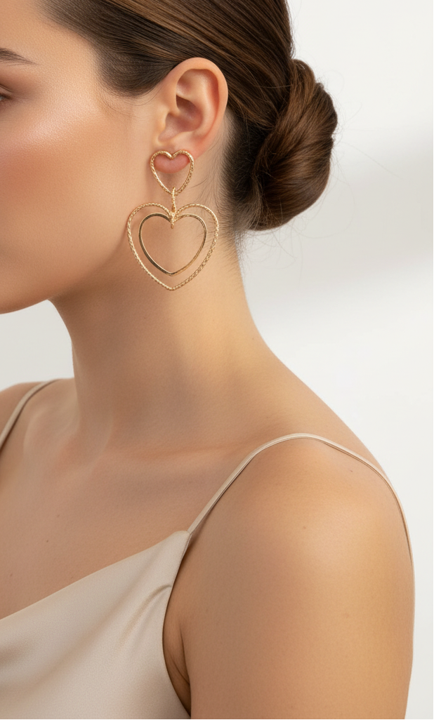 Boucles d'Oreilles Dorées Double Cœur Entrelacé - Rêve de Rose