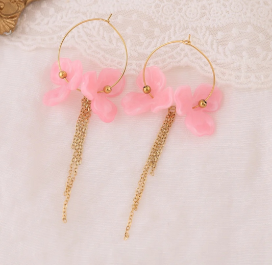 Boucles d'Oreilles Anneau Dorées Fleur Rose Résine - Rêve de Rose
