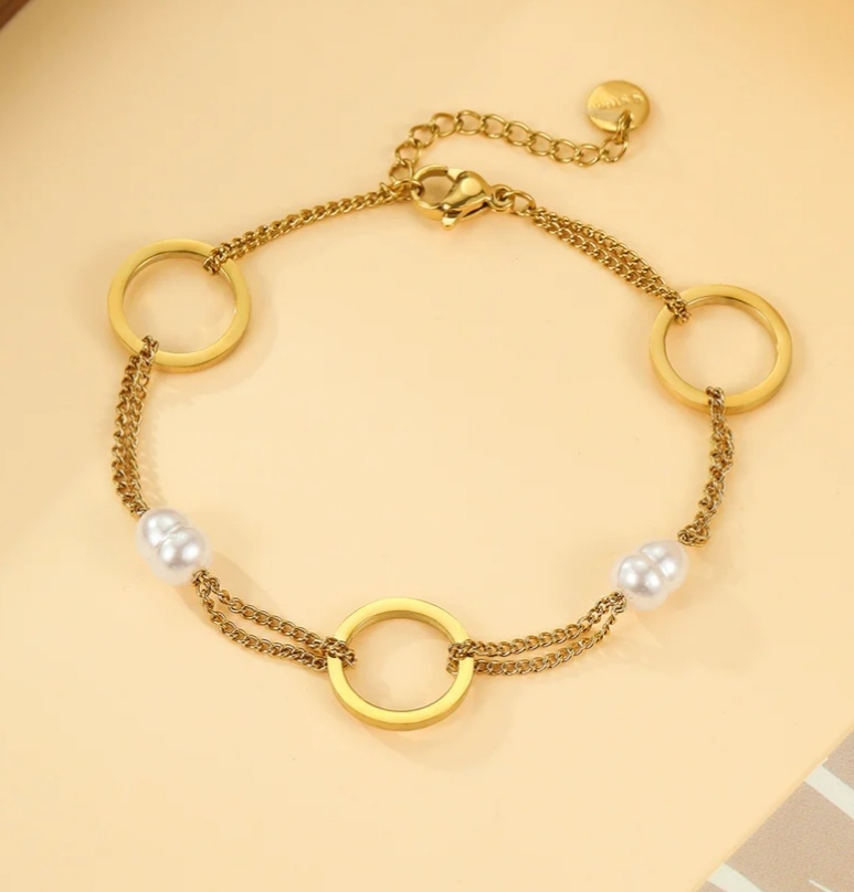 Bracelet Doré Double Chaîne Perles Blanches - Rêve de Rose