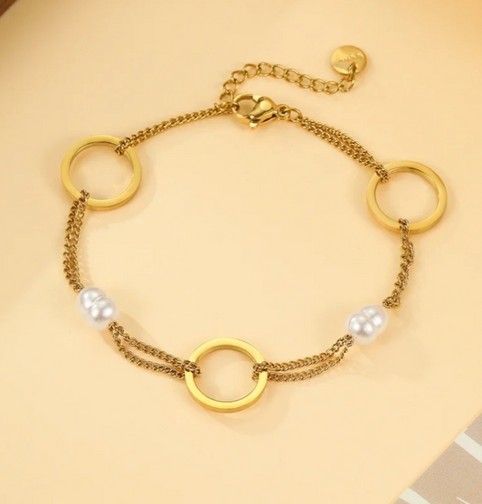 Bracelet Doré Double Chaîne Perles Blanches - Rêve de Rose