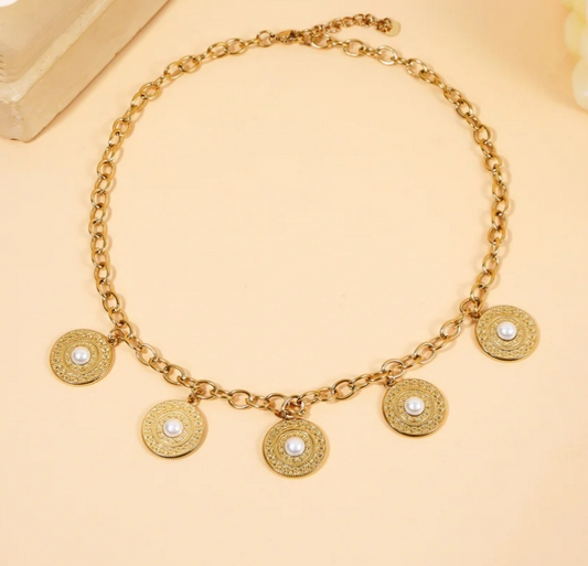 Collier Doré Pièces avec Perles Blanches - Rêve de Rose