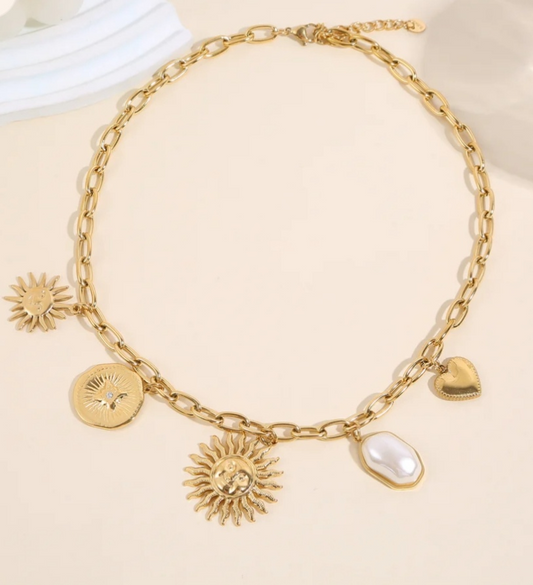 Collier Doré Soleil Cœur Strass et Perle Blanche - Rêve de Rose