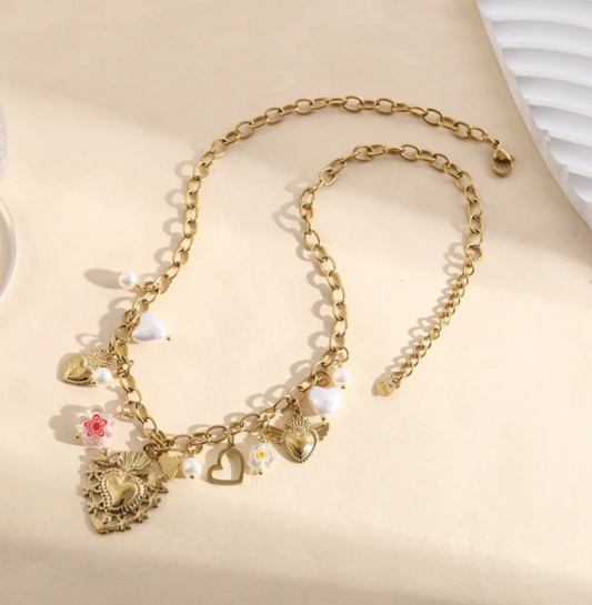 Collier Doré Cœur et Perles Blanches - Rêve de Rose