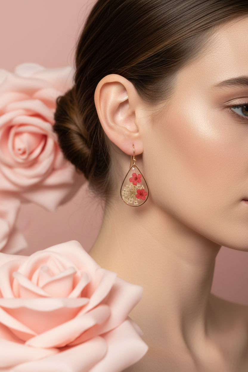 Boucles d'Oreilles Gouttes Dorées Fleurs Séchées Rouges - Rêve de Rose