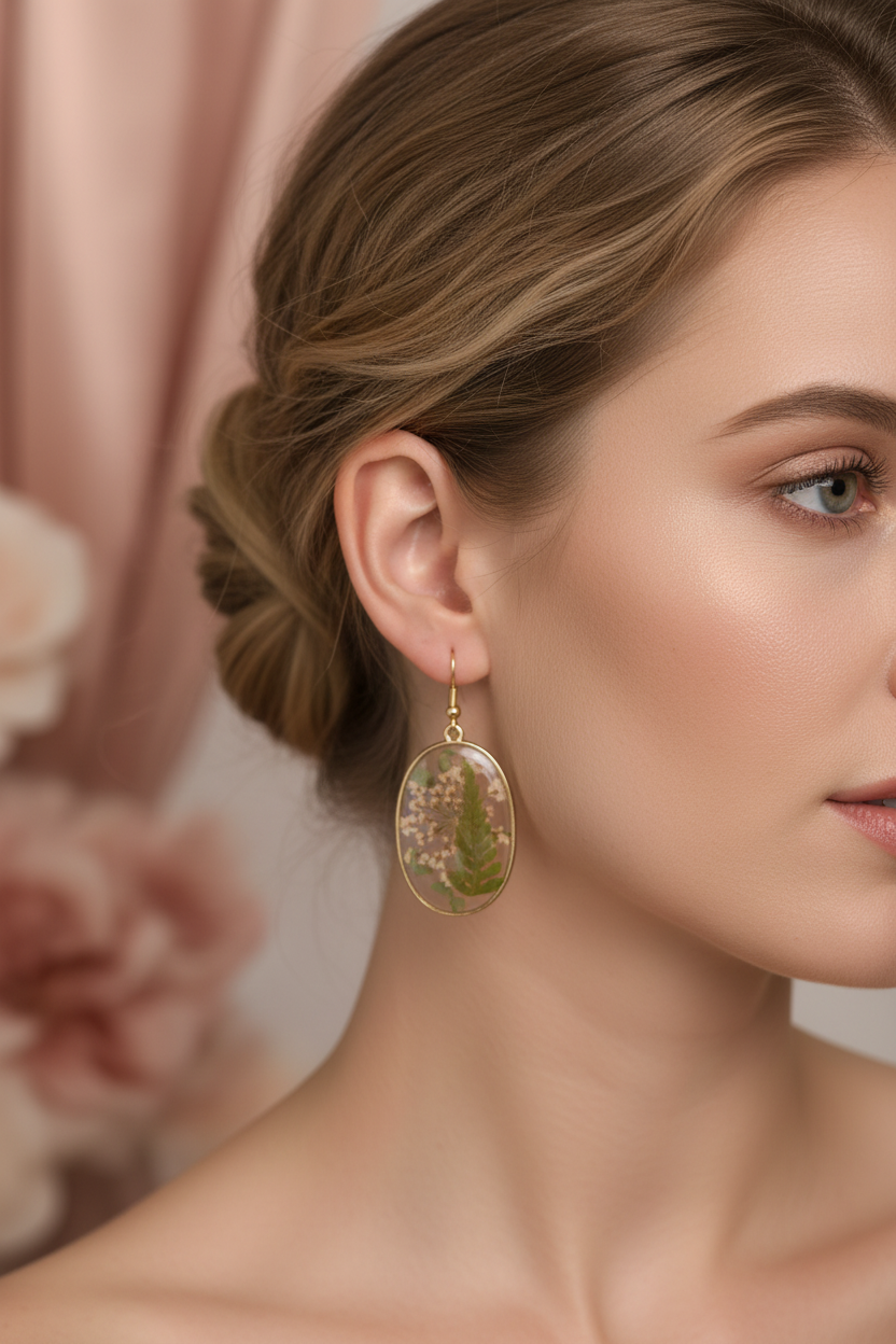 Boucles d'Oreilles Dorées Fleurs Séchées Vertes Résine - Rêve de Rose