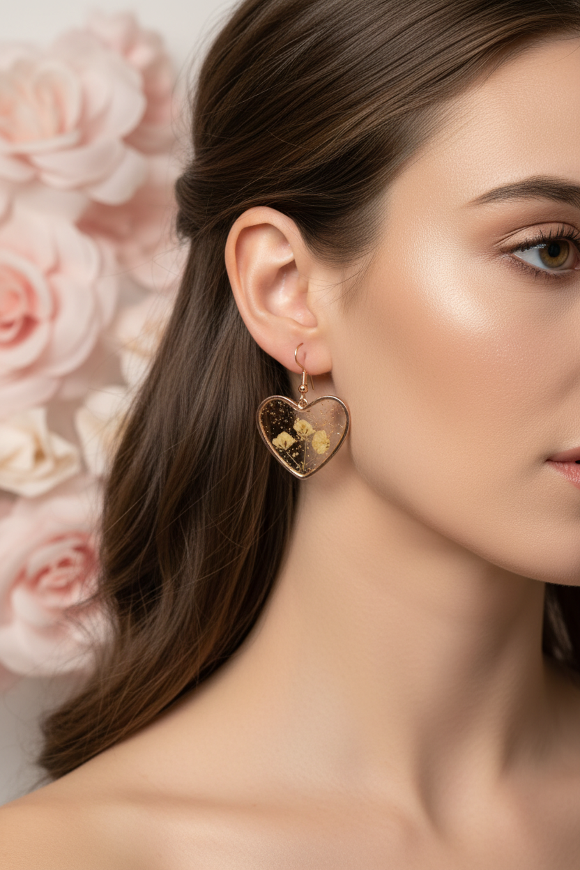 Boucles d'Oreilles Cœur Dorées Fleurs Séchées Blanches - Rêve de Rose