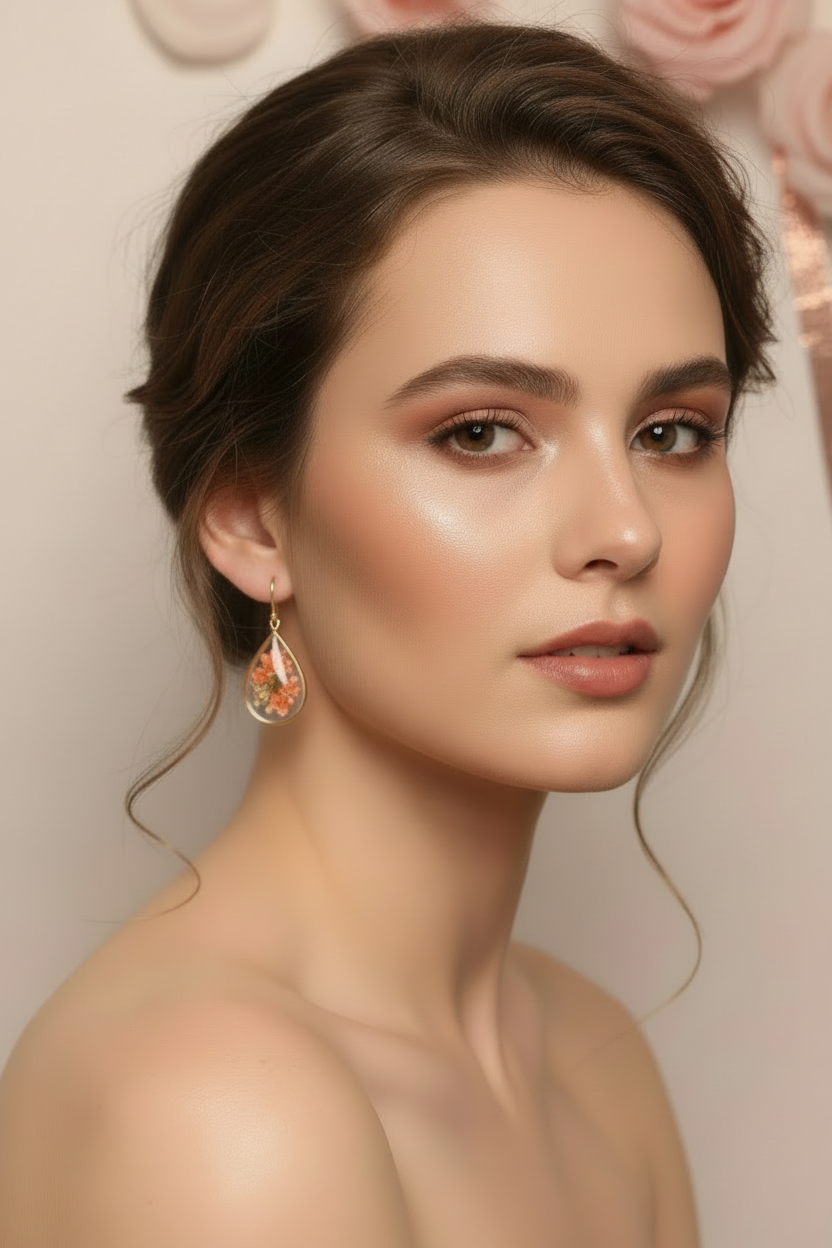 Boucles d'Oreilles Gouttes Dorées Fleurs Séchées Orange - Rêve de Rose