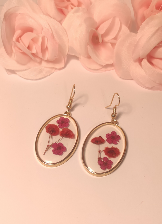 Boucles d'Oreilles Ovale Fleurs Séchées Rose Rouge - Rêve de Rose