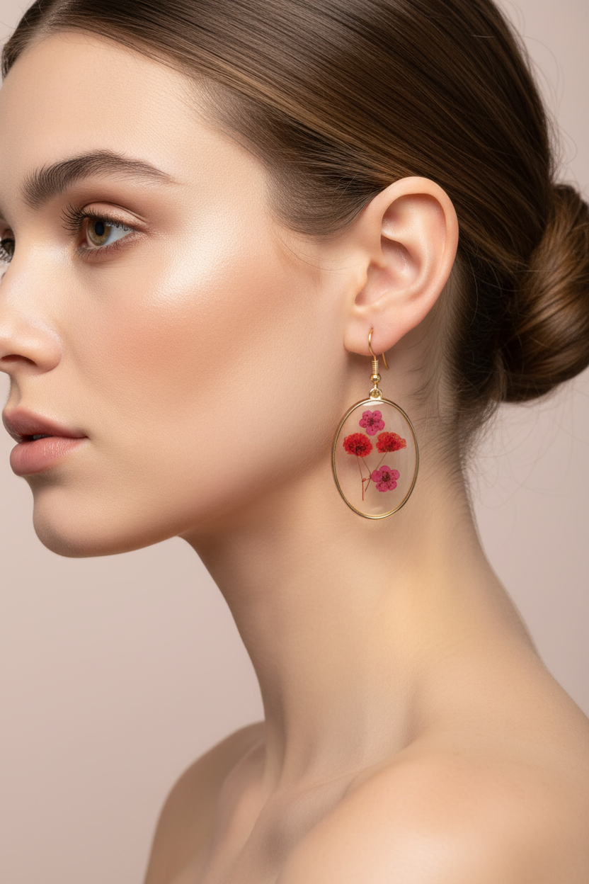 Boucles d'Oreilles Ovale Fleurs Séchées Rose Rouge - Rêve de Rose