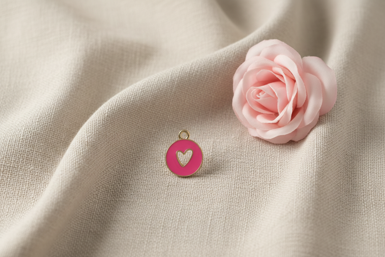 Charms rond rose cœur