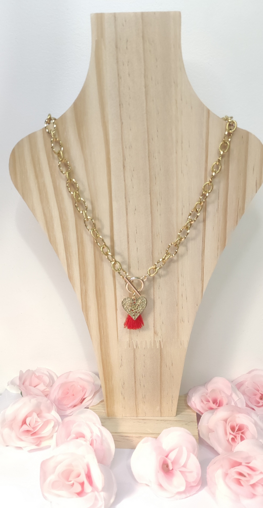 Collier Sautoir Doré Cœur et Pompom Rouge - Rêve de Rose