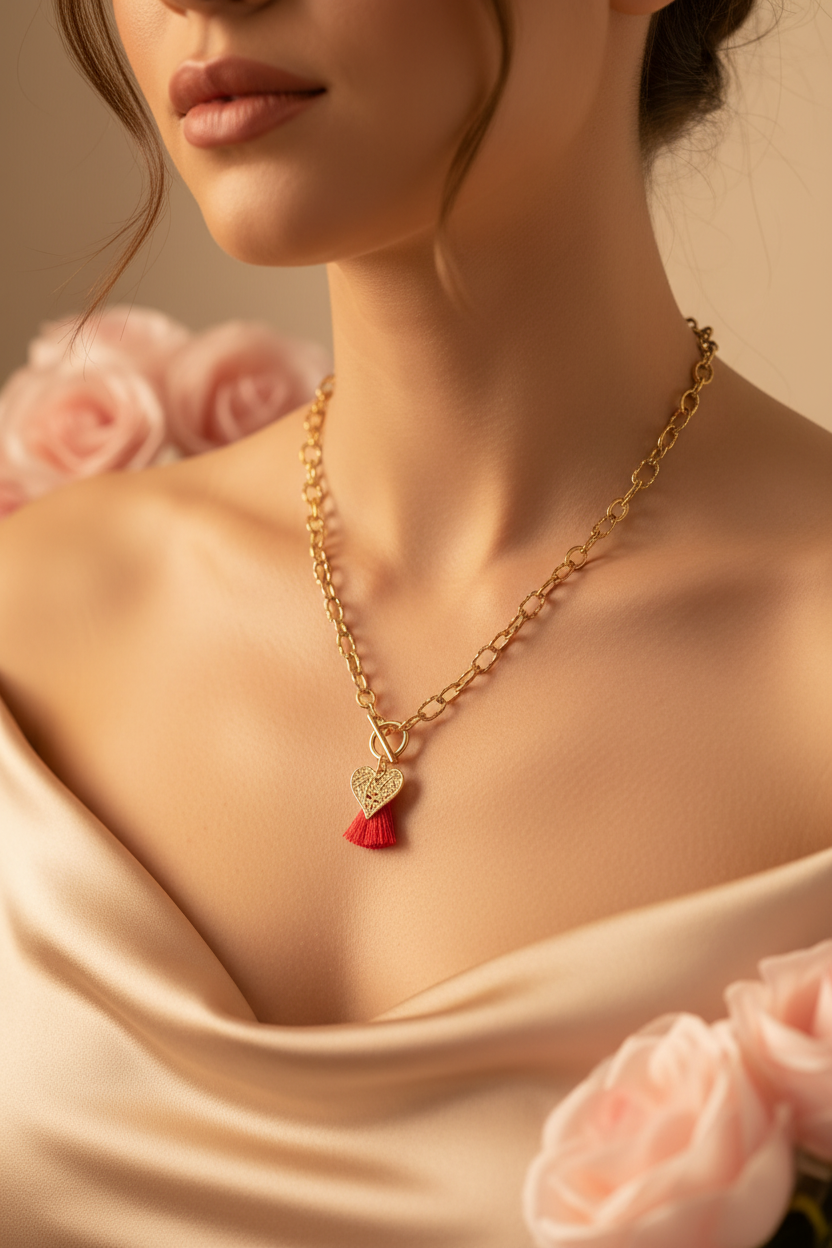Collier Sautoir Doré Cœur et Pompom Rouge