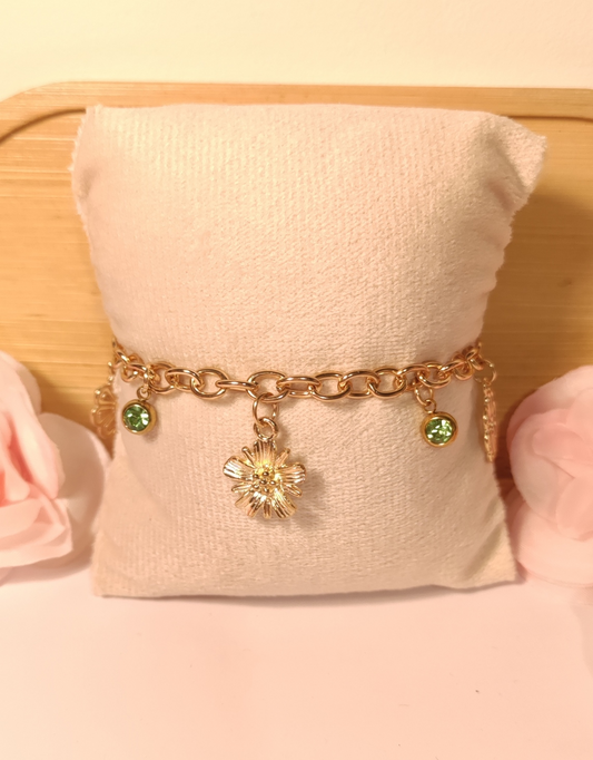 Bracelet Doré Charms Floraux et Pierres Vertes - Rêve de Rose