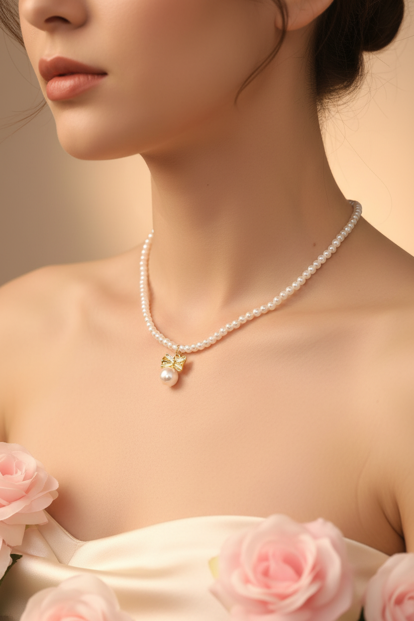 Collier Perles Blanches Pendentif Nœud - Acier Inoxydable - Rêve de Rose