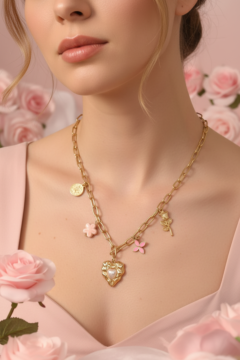 Femme portant un collier chaîne dorée avec charms dorés et roses avec un gros cœur - Rêve de Rose