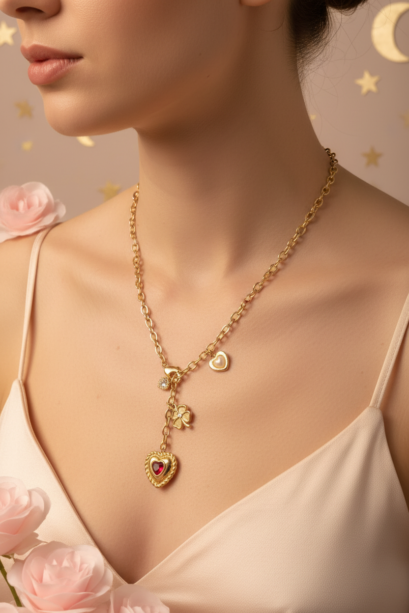 Collier Acier Inoxydable Doré Fermoir Cœur 4 Charms - Pierre Rouge Trèfle Perle - Rêve de Rose