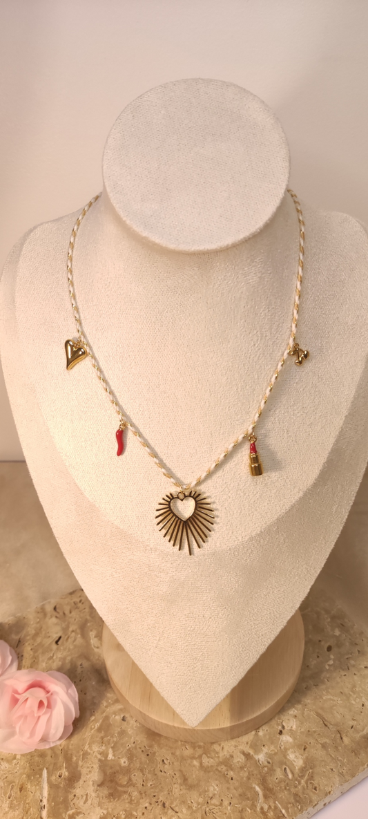 Collier Cordon Blanc Or 5 Charms Rouge Doré - Cœur Soleil Cerises Piment - Rêve de Rose