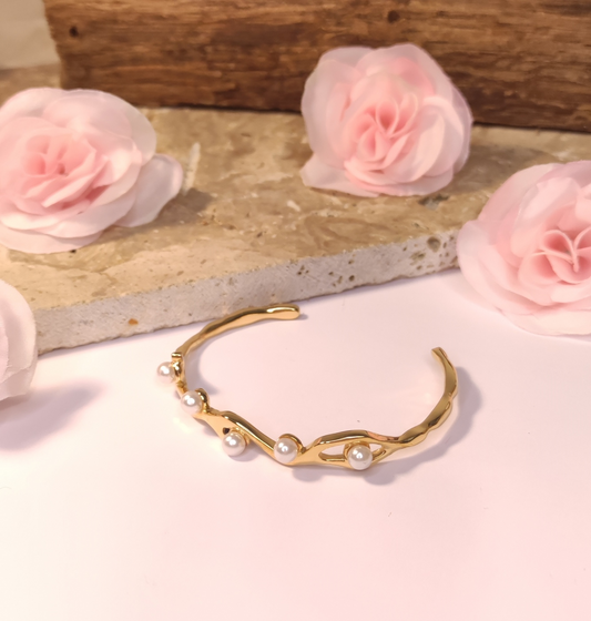 Bracelet Jonc Acier Inoxydable Doré Perles Blanches - Rêve de Rose