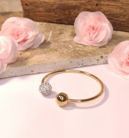 Bracelet Jonc Acier Inoxydable Doré Boules Extrémités Pierres Scintillantes - Rêve de Rose