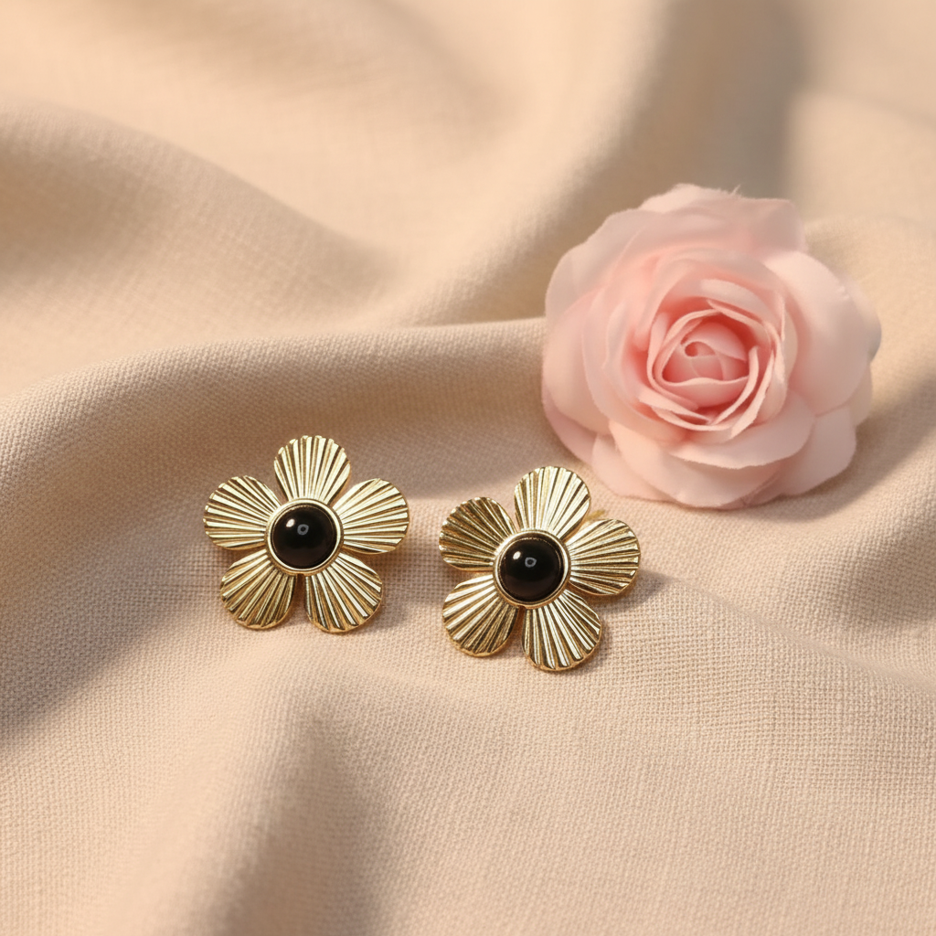 Boucles d'Oreilles Clou Acier Inoxydable Doré Fleur Perle Noire - Rêve de Rose