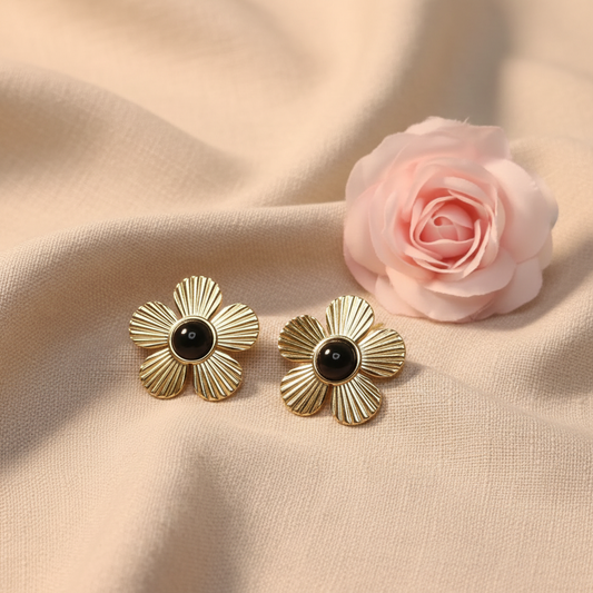 Boucles d'Oreilles Clou Acier Inoxydable Doré Fleur Perle Noire - Rêve de Rose