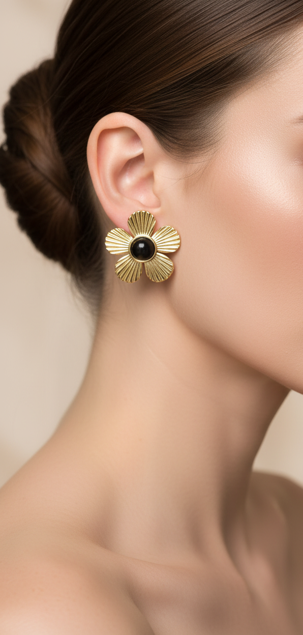 Boucles d'Oreilles Clou Acier Inoxydable Doré Fleur Perle Noire - Rêve de Rose